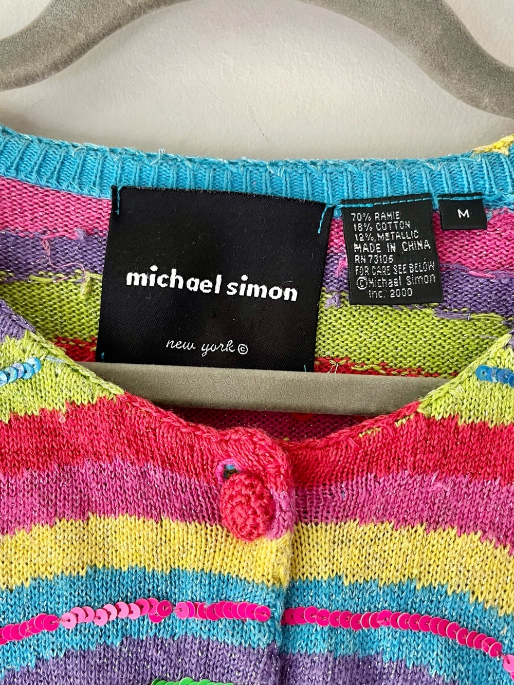 Vintage Y2K Michael Simon Rainbow Swirl Sequin Circle Sweater Cardigan Medium - Picture 3 of 4